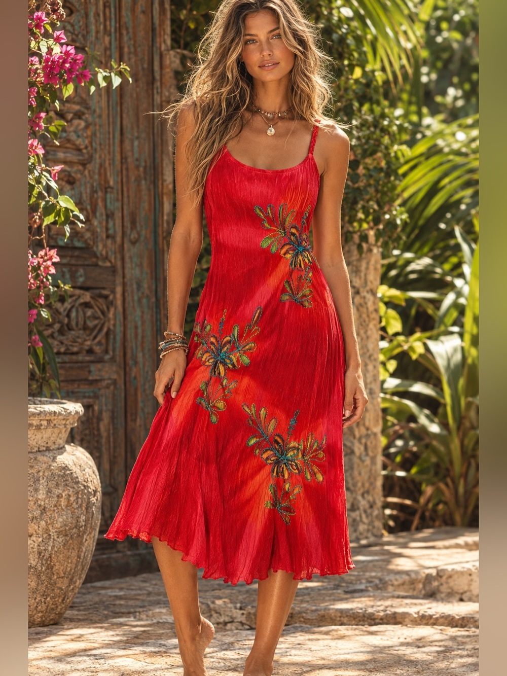 Tropical Batik Red Embroidered Rayon Midi Dress Boho Resort Vintage